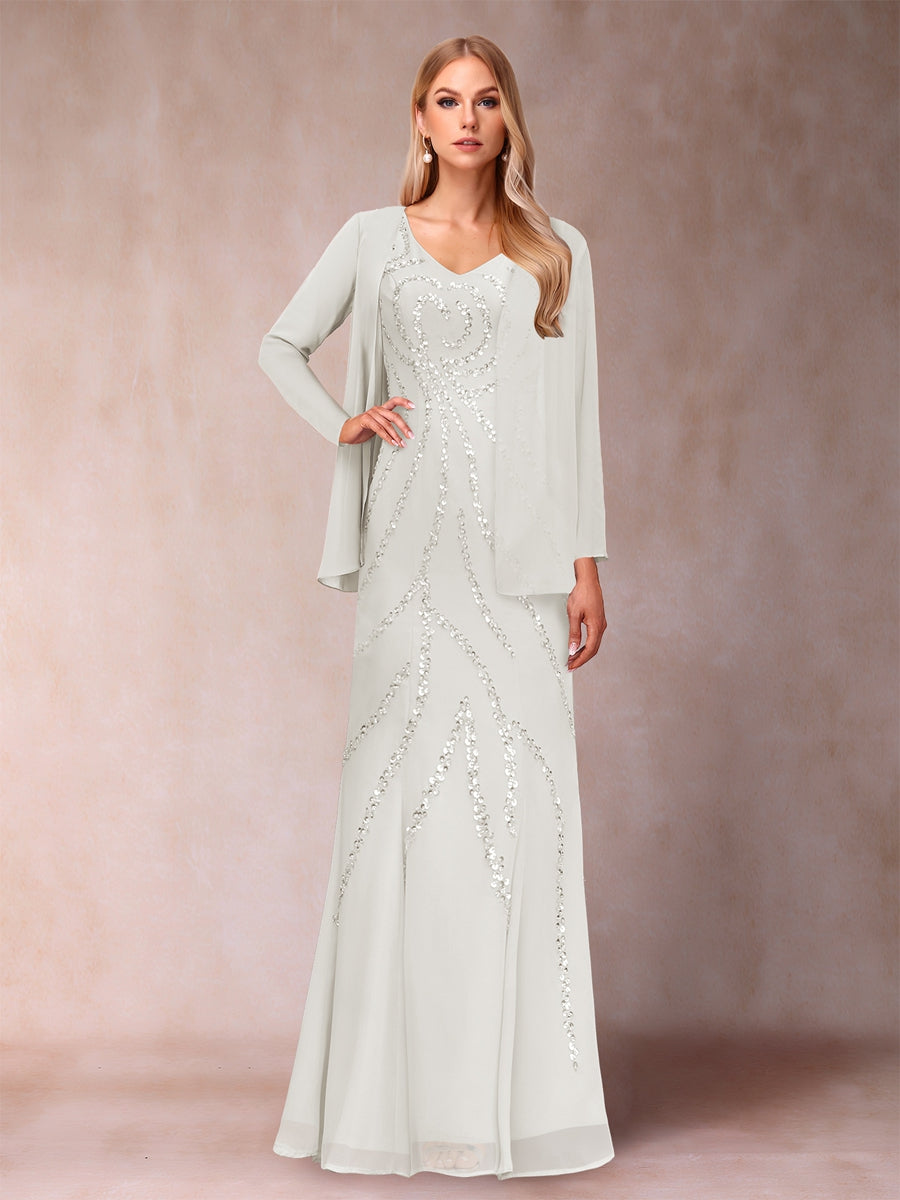 Sheath/Column V-Neck Floor-Length Mother of the Bride Dresses With Jacket &amp; Sequins