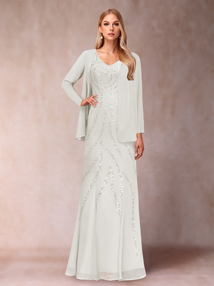 Sheath/Column V-Neck Floor-Length Mother of the Bride Dresses With Jacket &amp; Sequins