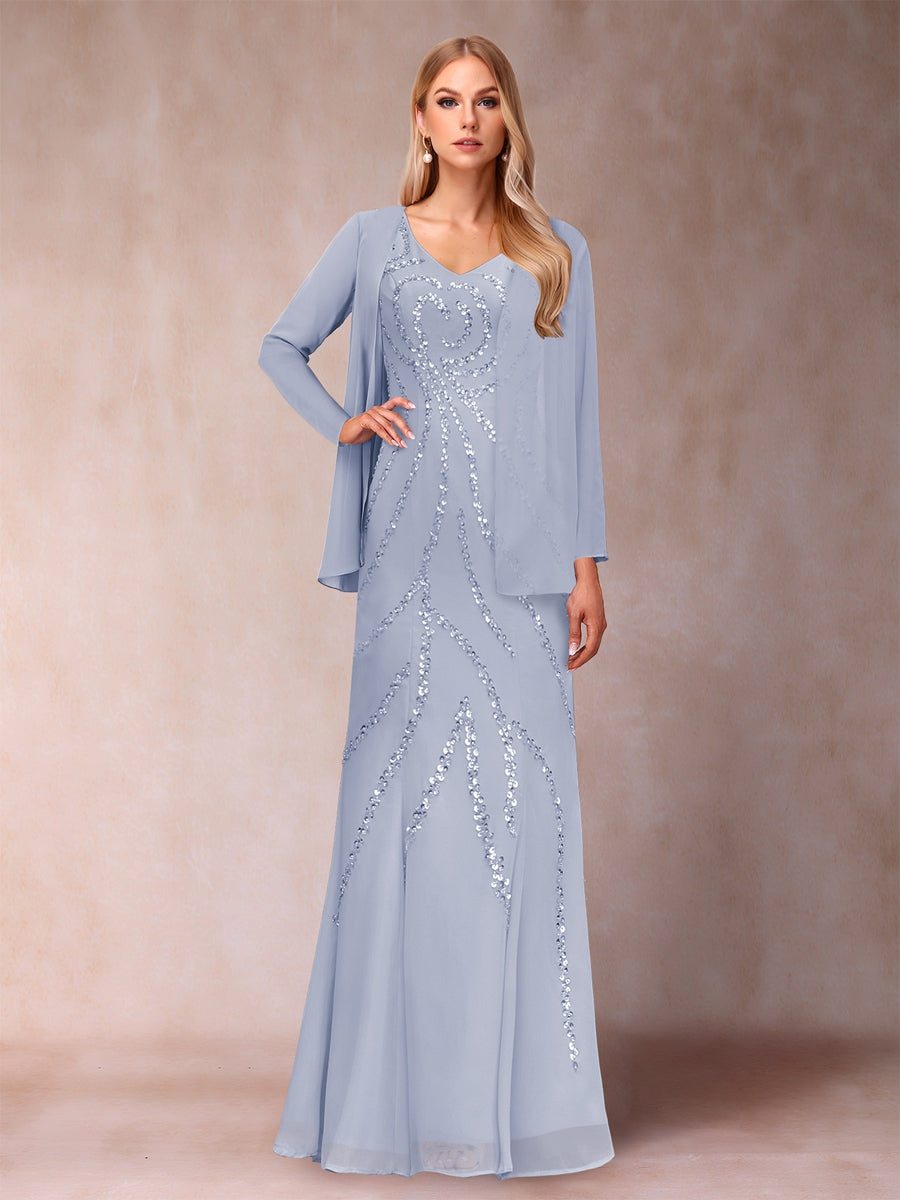 Sheath/Column V-Neck Floor-Length Mother of the Bride Dresses With Jacket &amp; Sequins