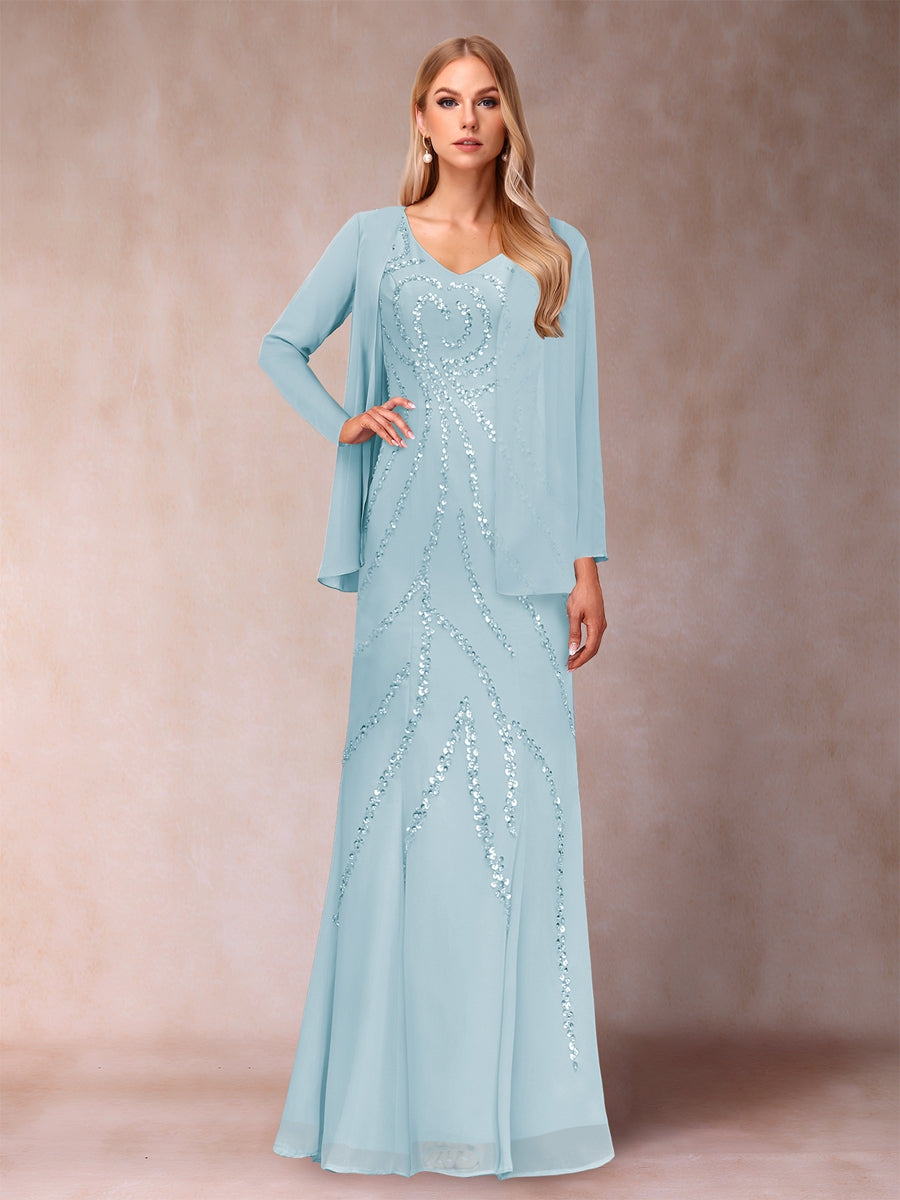 Sheath/Column V-Neck Floor-Length Mother of the Bride Dresses With Jacket &amp; Sequins
