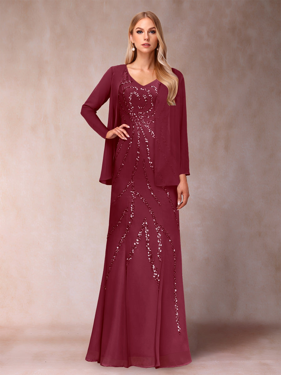 Sheath/Column V-Neck Floor-Length Mother of the Bride Dresses With Jacket &amp; Sequins