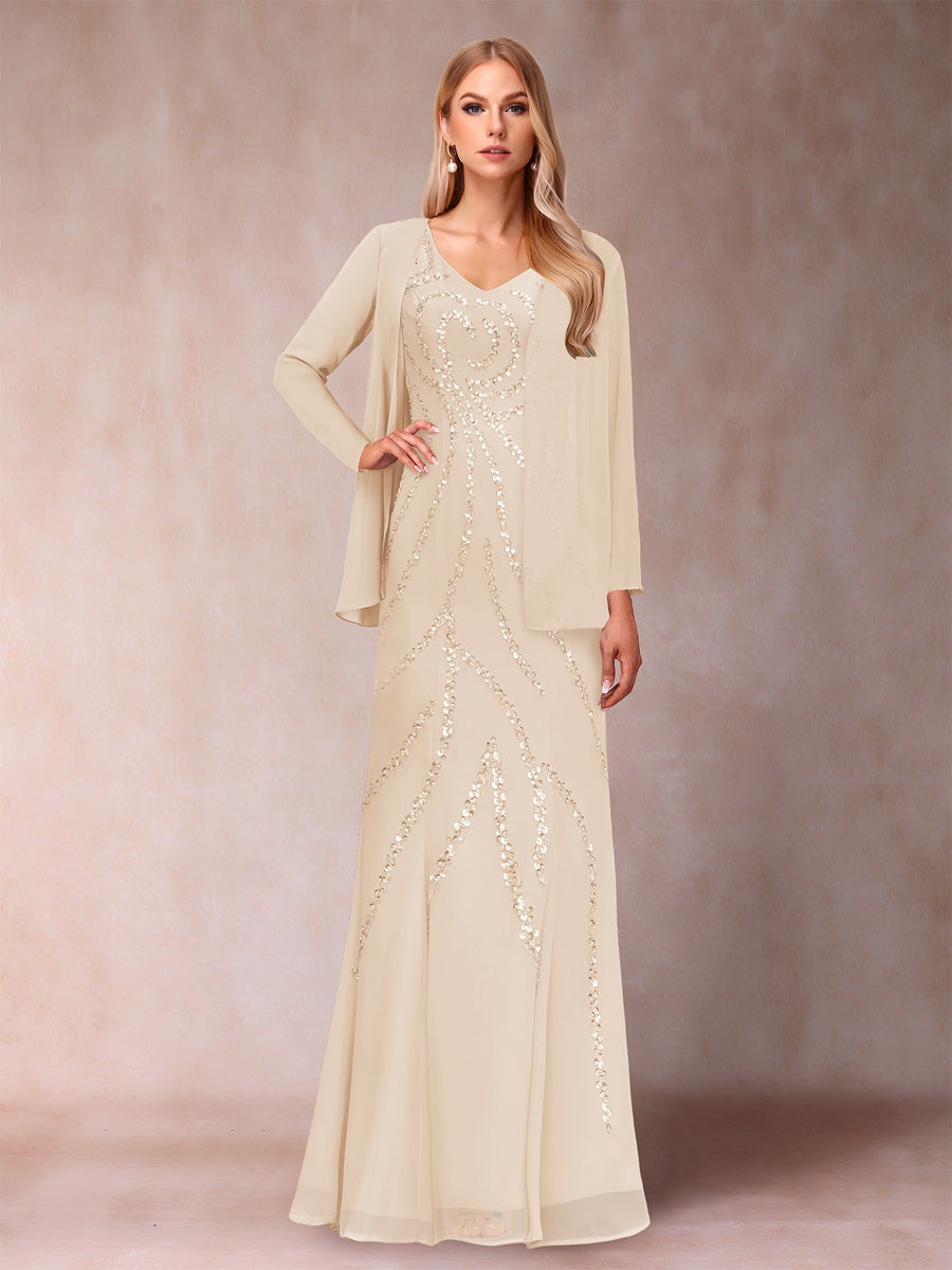 Sheath/Column V-Neck Floor-Length Mother of the Bride Dresses With Jacket &amp; Sequins