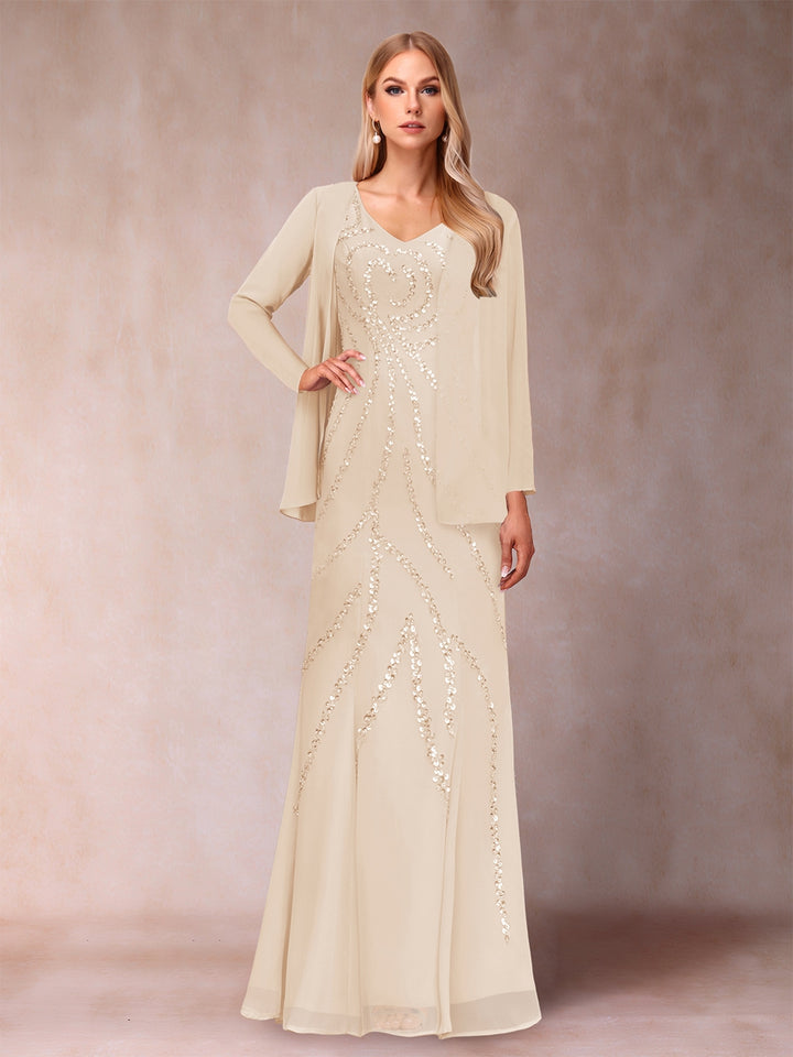 Sheath/Column V-Neck Floor-Length Mother of the Bride Dresses With Jacket &amp; Sequins