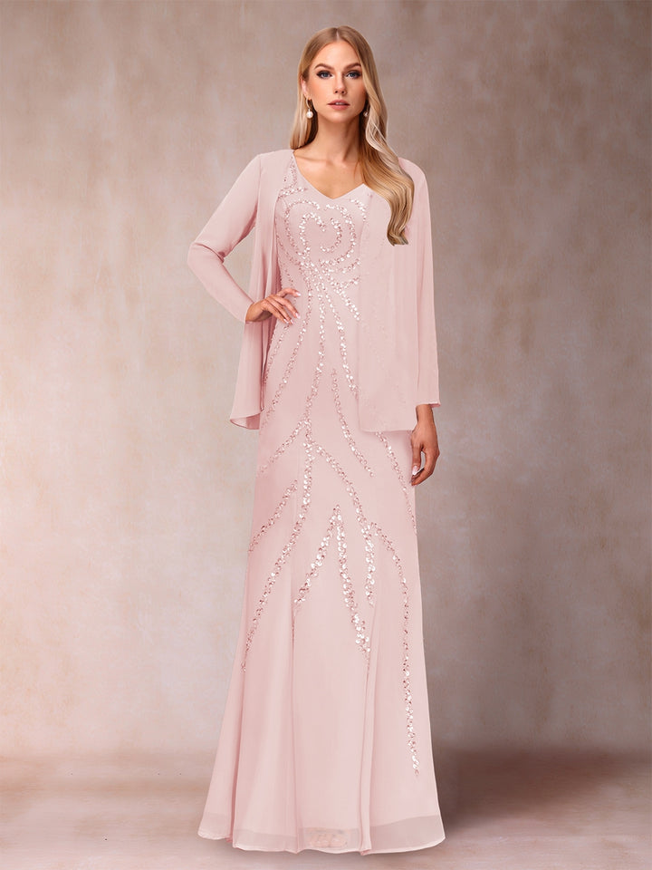 Sheath/Column V-Neck Floor-Length Mother of the Bride Dresses With Jacket &amp; Sequins