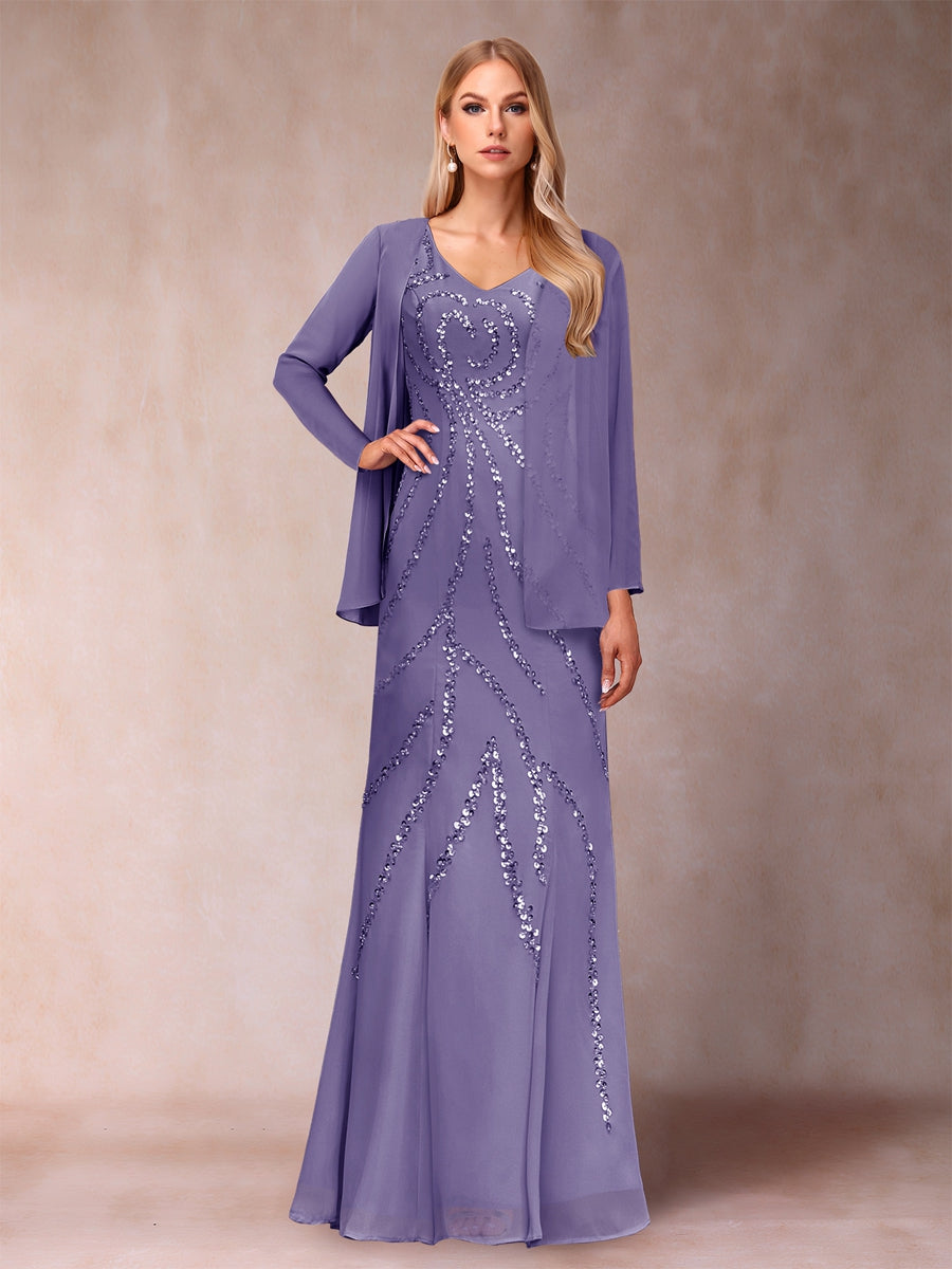 Sheath/Column V-Neck Floor-Length Mother of the Bride Dresses With Jacket &amp; Sequins