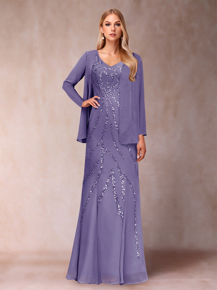 Sheath/Column V-Neck Floor-Length Mother of the Bride Dresses With Jacket &amp; Sequins