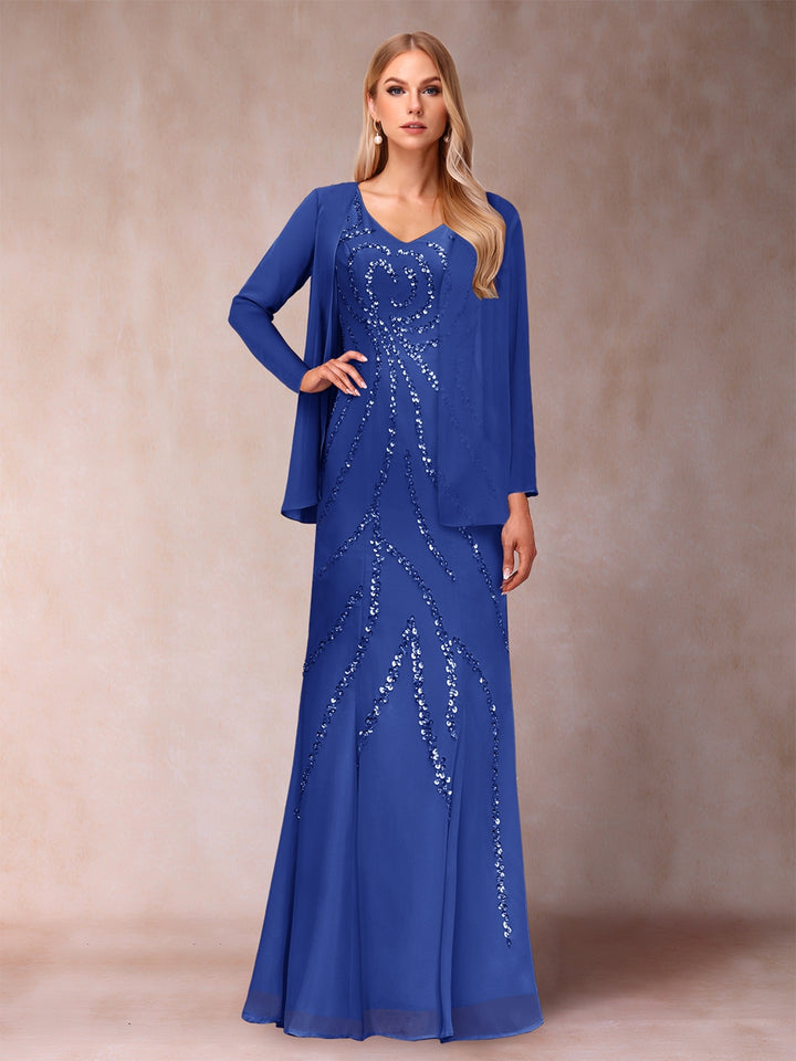 Sheath/Column V-Neck Floor-Length Mother of the Bride Dresses With Jacket &amp; Sequins