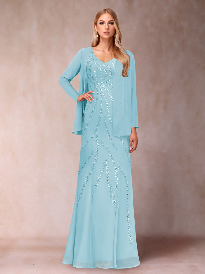 Sheath/Column V-Neck Floor-Length Mother of the Bride Dresses With Jacket &amp; Sequins