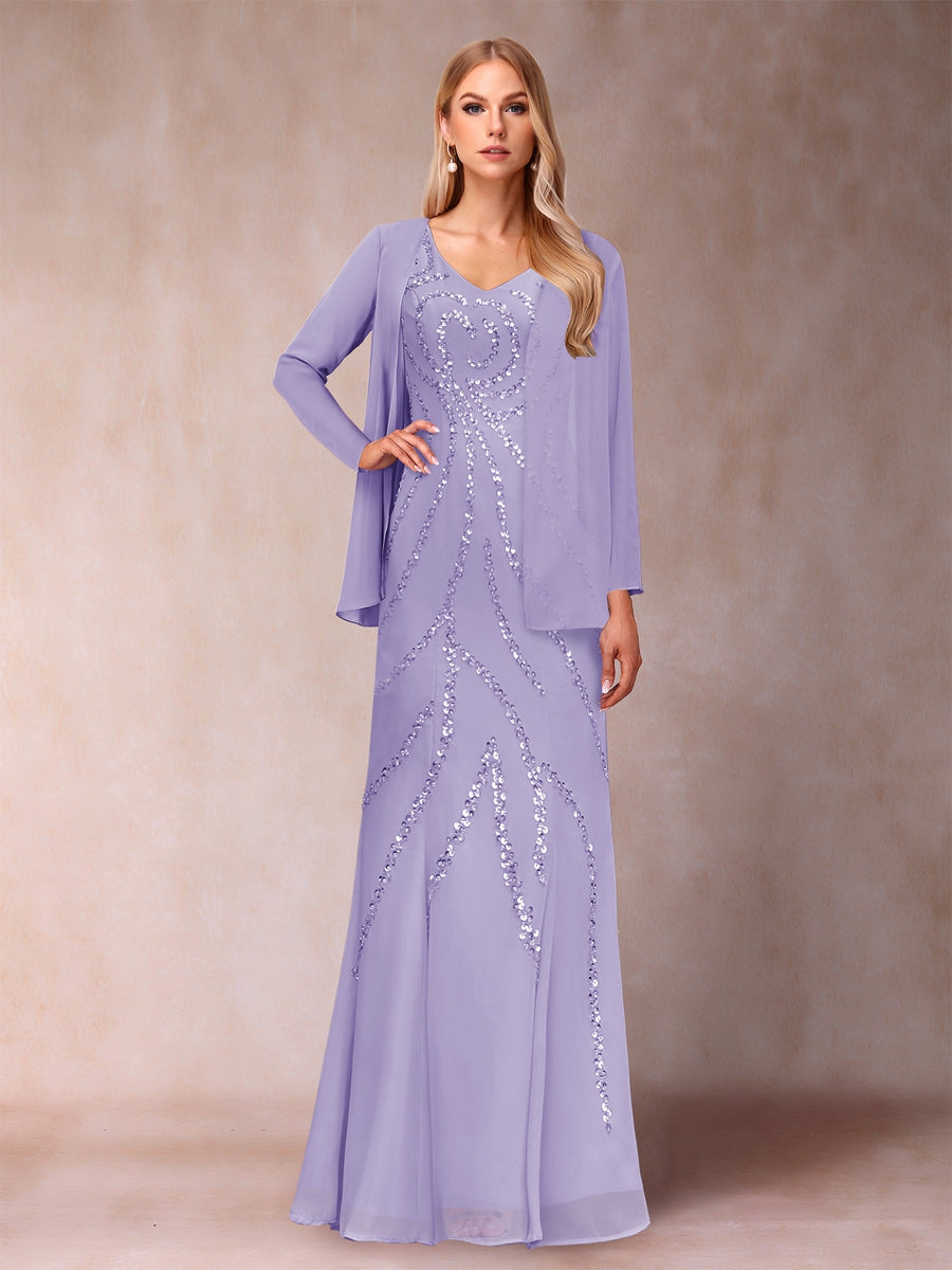 Sheath/Column V-Neck Floor-Length Mother of the Bride Dresses With Jacket &amp; Sequins