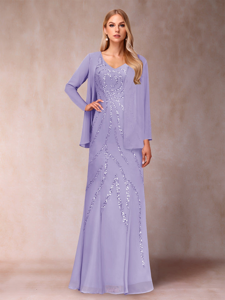 Sheath/Column V-Neck Floor-Length Mother of the Bride Dresses With Jacket &amp; Sequins