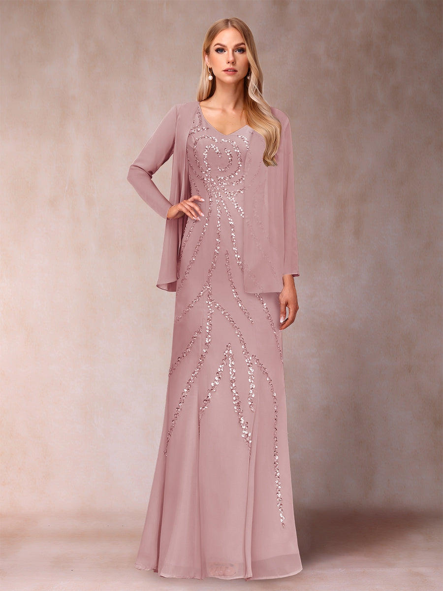 Sheath/Column V-Neck Floor-Length Mother of the Bride Dresses With Jacket &amp; Sequins