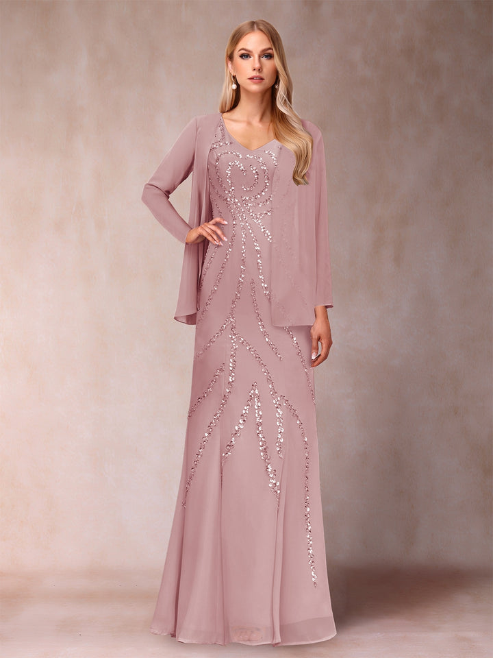 Sheath/Column V-Neck Floor-Length Mother of the Bride Dresses With Jacket &amp; Sequins