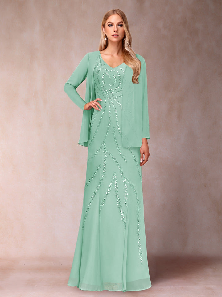 Sheath/Column V-Neck Floor-Length Mother of the Bride Dresses With Jacket &amp; Sequins