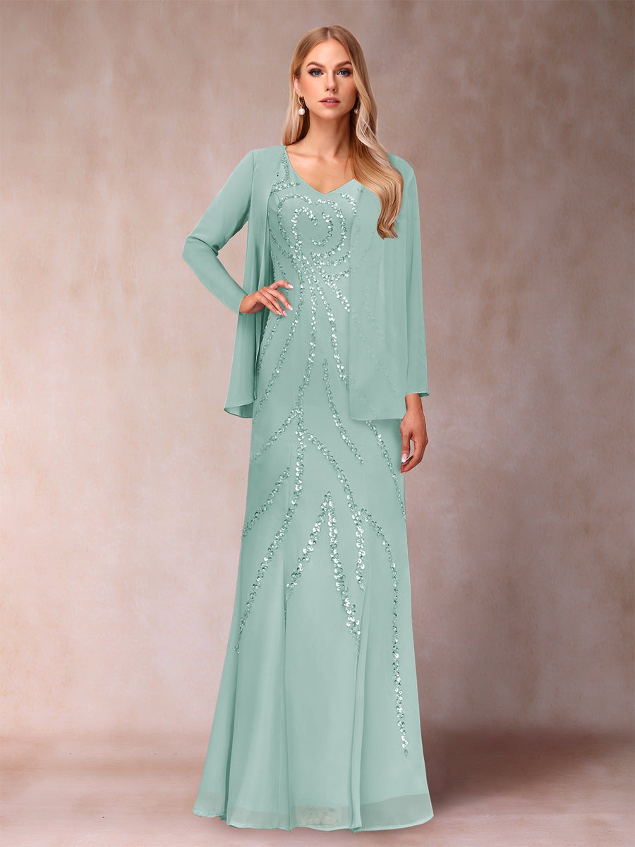 Sheath/Column V-Neck Floor-Length Mother of the Bride Dresses With Jacket &amp; Sequins