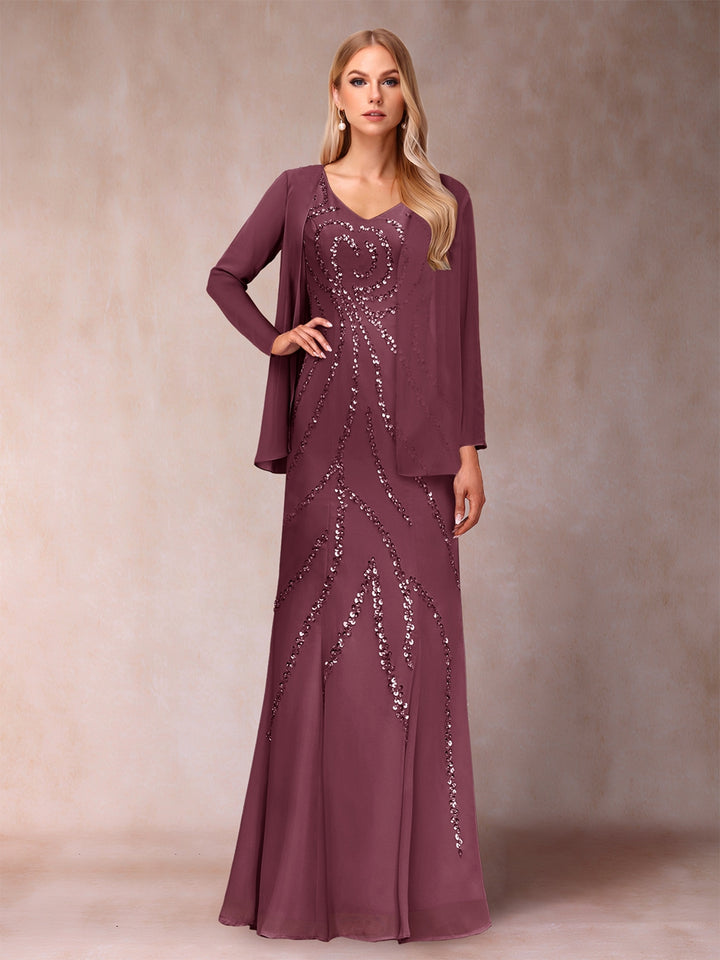 Sheath/Column V-Neck Floor-Length Mother of the Bride Dresses With Jacket &amp; Sequins