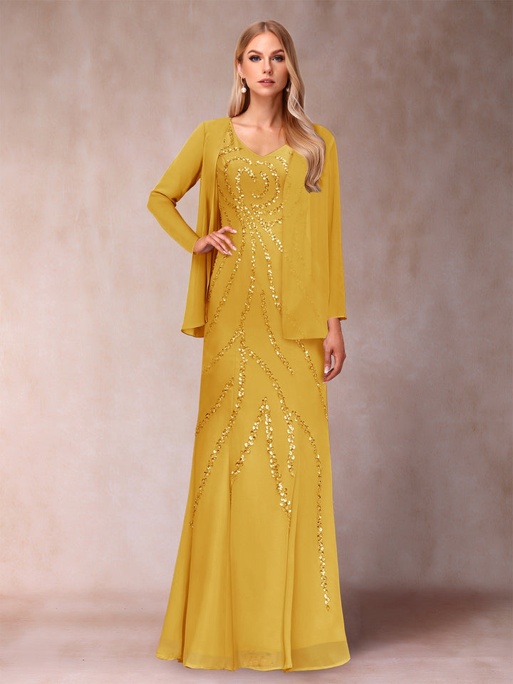 Sheath/Column V-Neck Floor-Length Mother of the Bride Dresses With Jacket &amp; Sequins