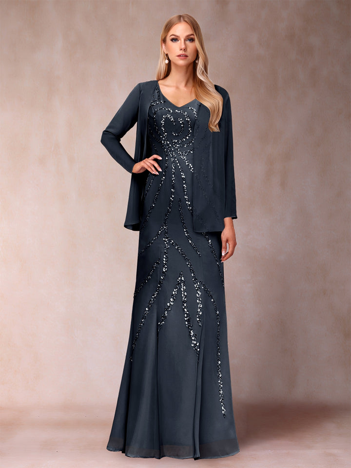 Sheath/Column V-Neck Floor-Length Mother of the Bride Dresses With Jacket &amp; Sequins