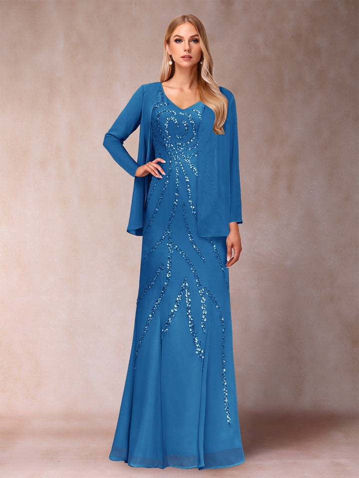 Sheath/Column V-Neck Floor-Length Mother of the Bride Dresses With Jacket &amp; Sequins