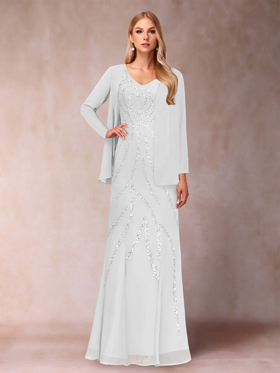 Sheath/Column V-Neck Floor-Length Mother of the Bride Dresses With Jacket &amp; Sequins