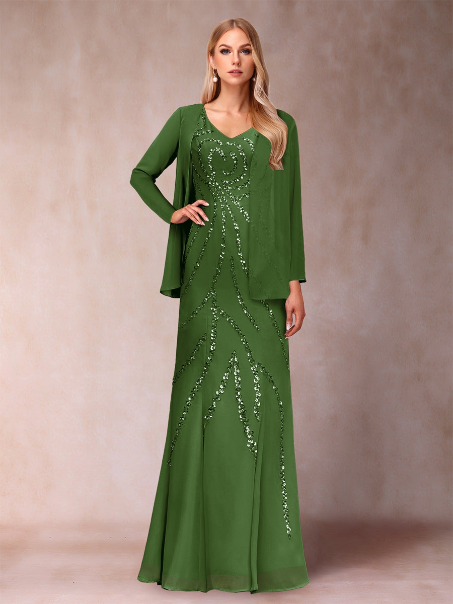 Sheath/Column V-Neck Floor-Length Mother of the Bride Dresses With Jacket &amp; Sequins