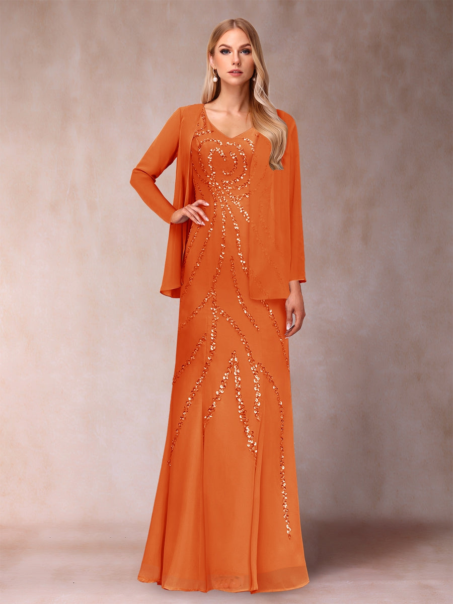 Sheath/Column V-Neck Floor-Length Mother of the Bride Dresses With Jacket &amp; Sequins