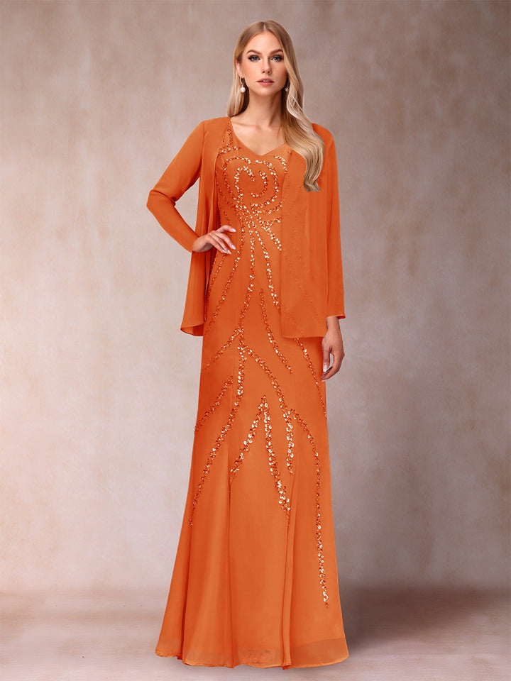 Sheath/Column V-Neck Floor-Length Mother of the Bride Dresses With Jacket &amp; Sequins