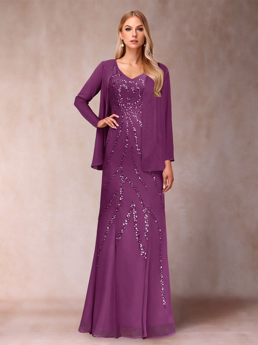 Sheath/Column V-Neck Floor-Length Mother of the Bride Dresses With Jacket &amp; Sequins