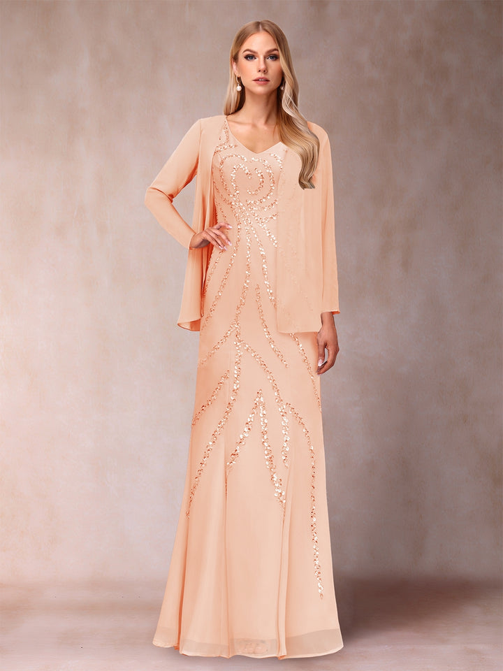 Sheath/Column V-Neck Floor-Length Mother of the Bride Dresses With Jacket &amp; Sequins