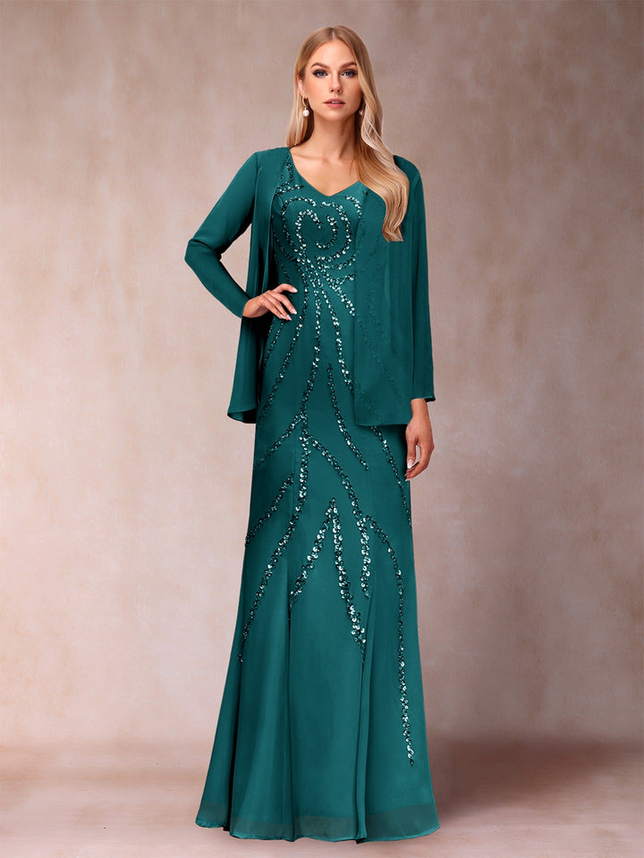 Sheath/Column V-Neck Floor-Length Mother of the Bride Dresses With Jacket &amp; Sequins