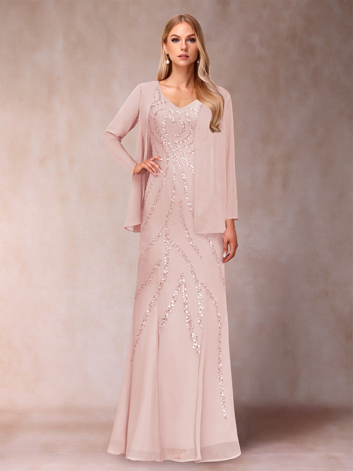 Sheath/Column V-Neck Floor-Length Mother of the Bride Dresses With Jacket &amp; Sequins