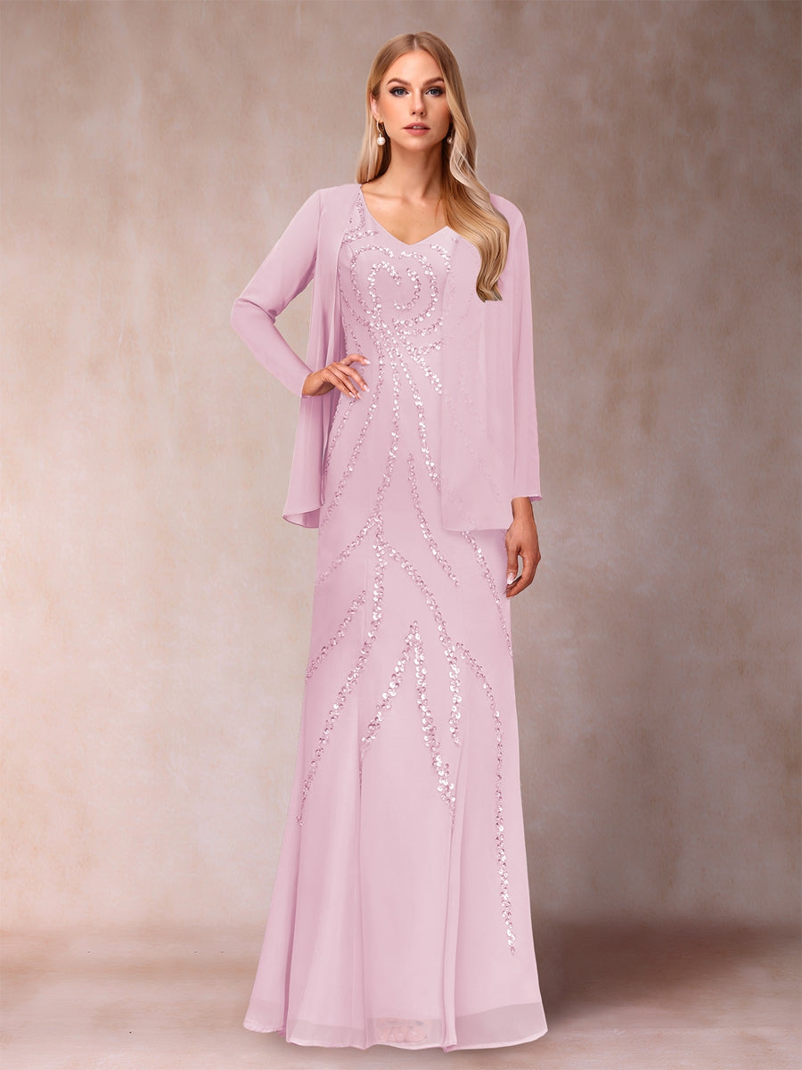 Sheath/Column V-Neck Floor-Length Mother of the Bride Dresses With Jacket &amp; Sequins