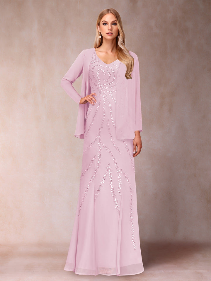 Sheath/Column V-Neck Floor-Length Mother of the Bride Dresses With Jacket &amp; Sequins