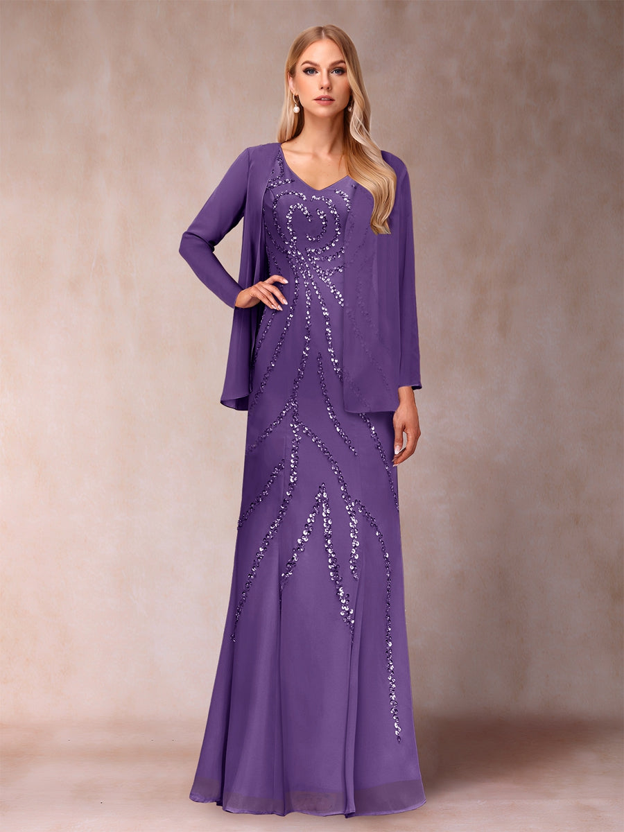 Sheath/Column V-Neck Floor-Length Mother of the Bride Dresses With Jacket &amp; Sequins