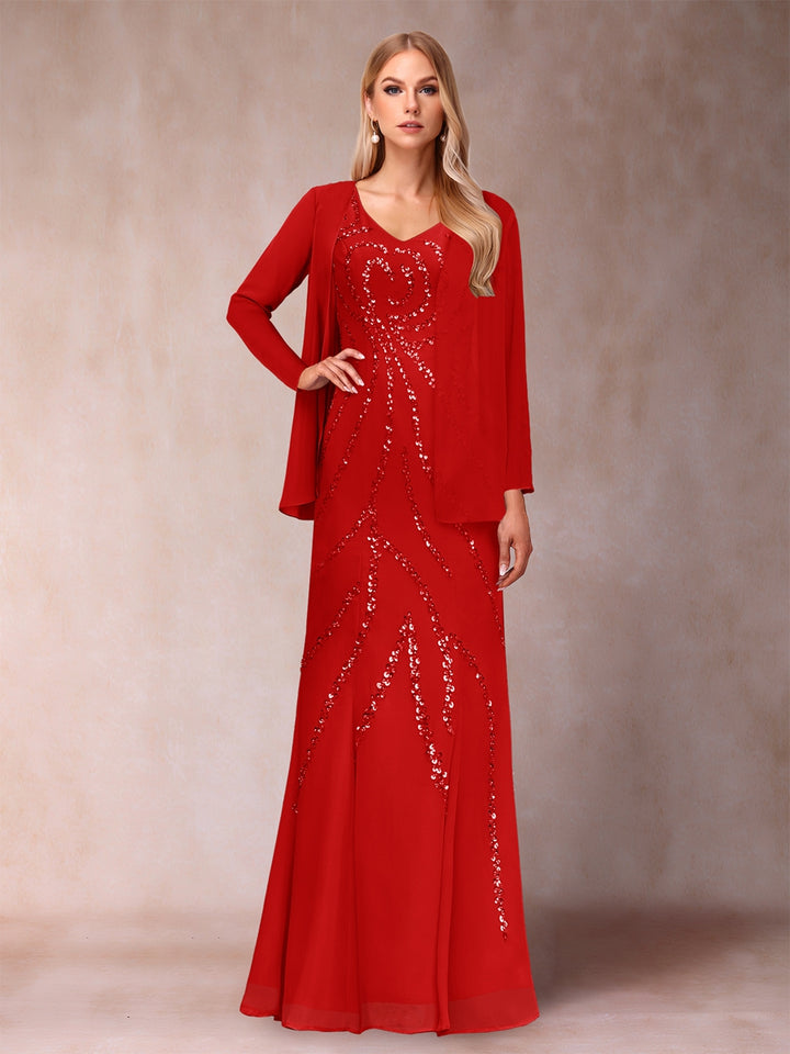 Sheath/Column V-Neck Floor-Length Mother of the Bride Dresses With Jacket &amp; Sequins