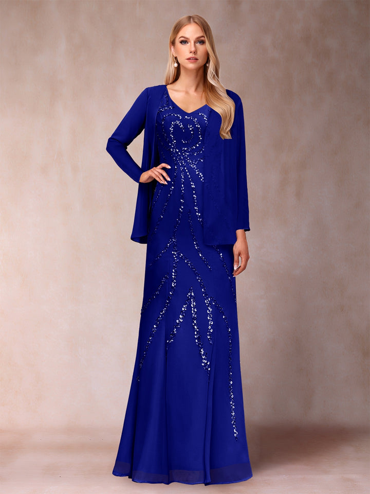 Sheath/Column V-Neck Floor-Length Mother of the Bride Dresses With Jacket &amp; Sequins
