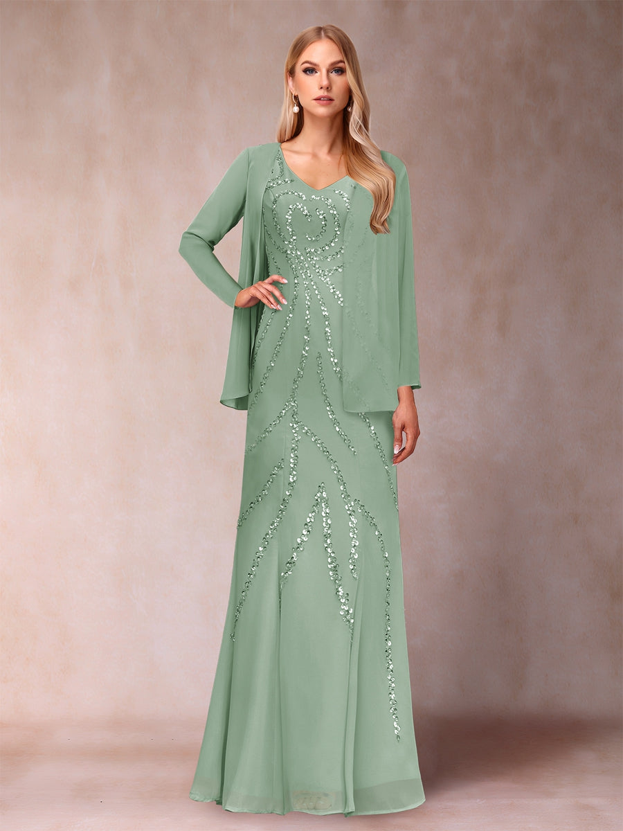 Sheath/Column V-Neck Floor-Length Mother of the Bride Dresses With Jacket &amp; Sequins