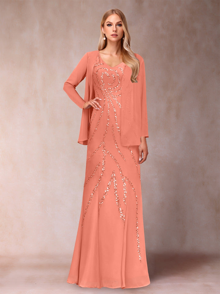 Sheath/Column V-Neck Floor-Length Mother of the Bride Dresses With Jacket &amp; Sequins
