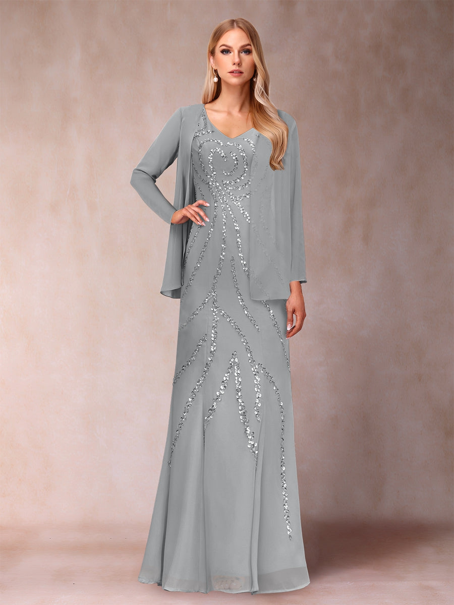 Sheath/Column V-Neck Floor-Length Mother of the Bride Dresses With Jacket &amp; Sequins