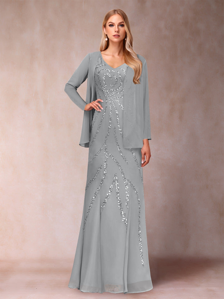 Sheath/Column V-Neck Floor-Length Mother of the Bride Dresses With Jacket &amp; Sequins