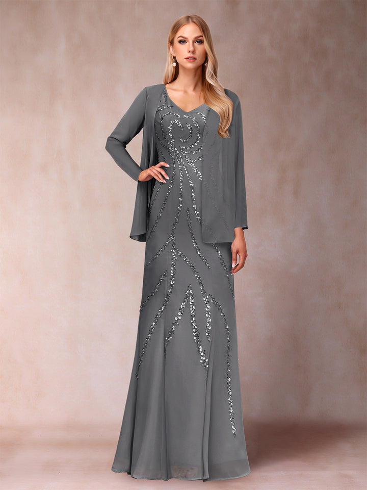 Sheath/Column V-Neck Floor-Length Mother of the Bride Dresses With Jacket &amp; Sequins