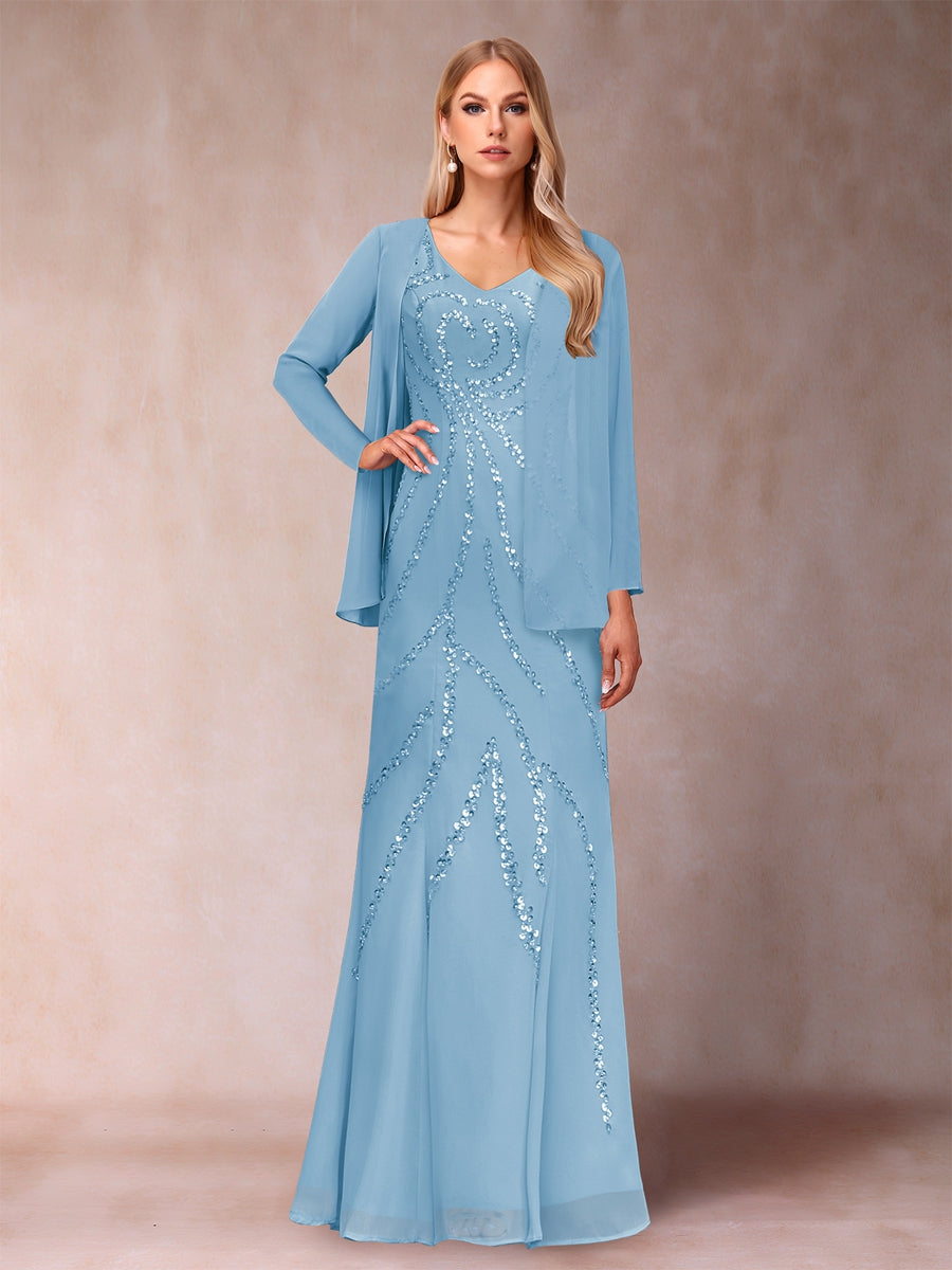 Sheath/Column V-Neck Floor-Length Mother of the Bride Dresses With Jacket &amp; Sequins