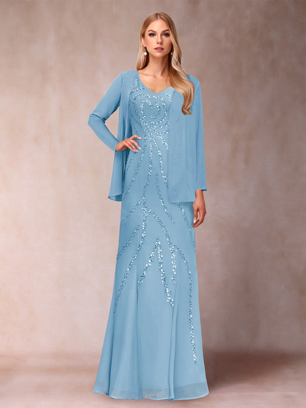 Sheath/Column V-Neck Floor-Length Mother of the Bride Dresses With Jacket & Sequins