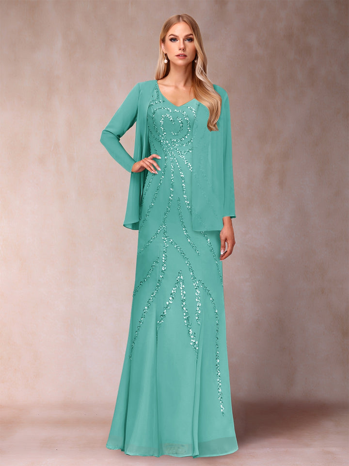 Sheath/Column V-Neck Floor-Length Mother of the Bride Dresses With Jacket &amp; Sequins