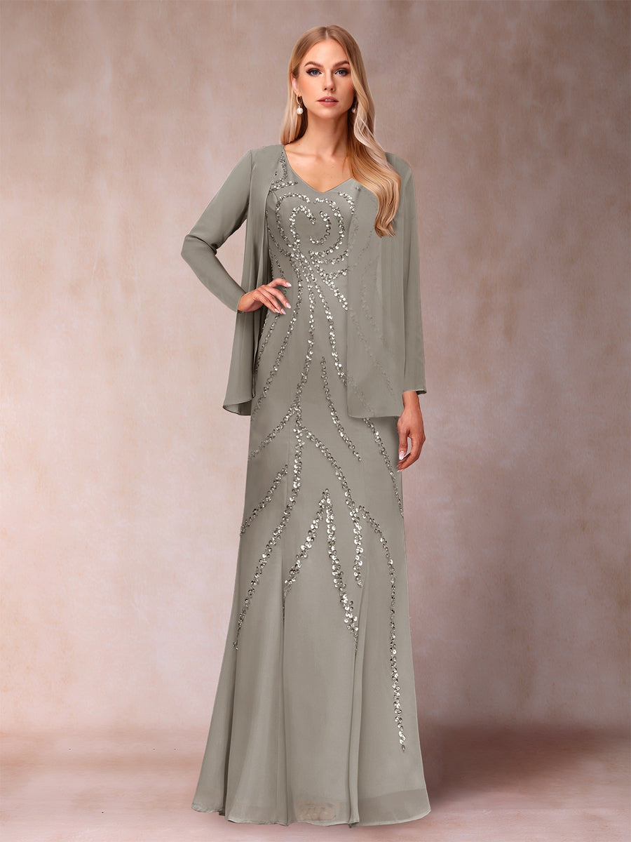Sheath/Column V-Neck Floor-Length Mother of the Bride Dresses With Jacket &amp; Sequins