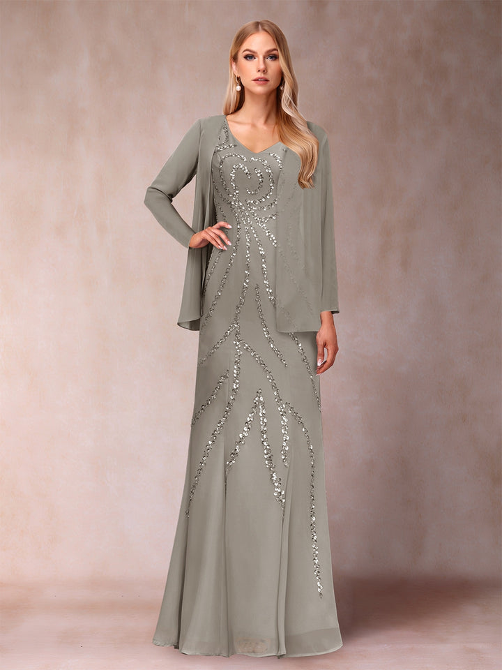 Sheath/Column V-Neck Floor-Length Mother of the Bride Dresses With Jacket &amp; Sequins