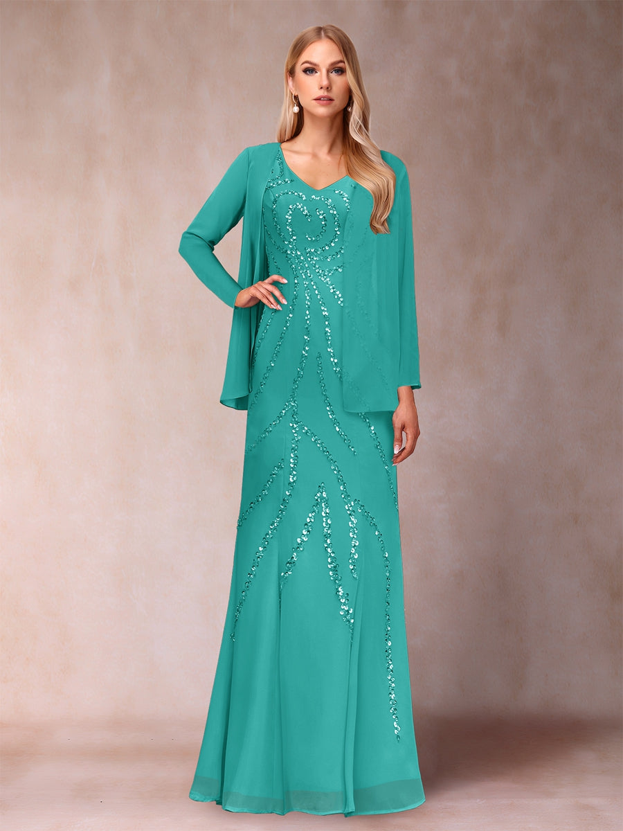 Sheath/Column V-Neck Floor-Length Mother of the Bride Dresses With Jacket &amp; Sequins