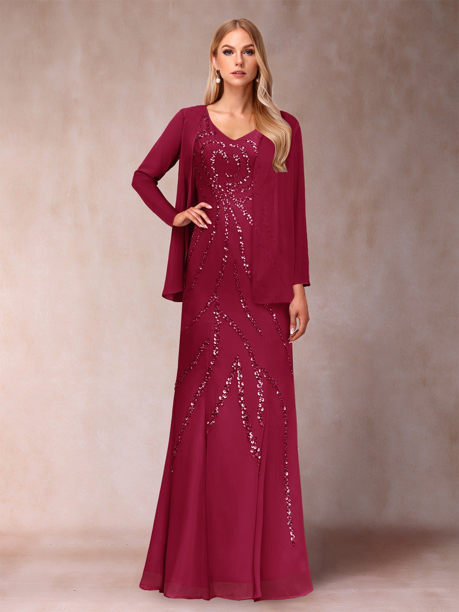 Sheath/Column V-Neck Floor-Length Mother of the Bride Dresses With Jacket &amp; Sequins
