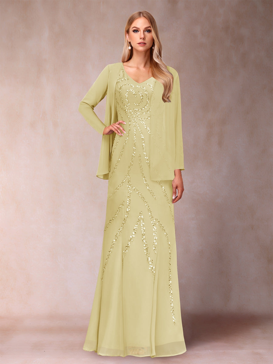 Sheath/Column V-Neck Floor-Length Mother of the Bride Dresses With Jacket &amp; Sequins
