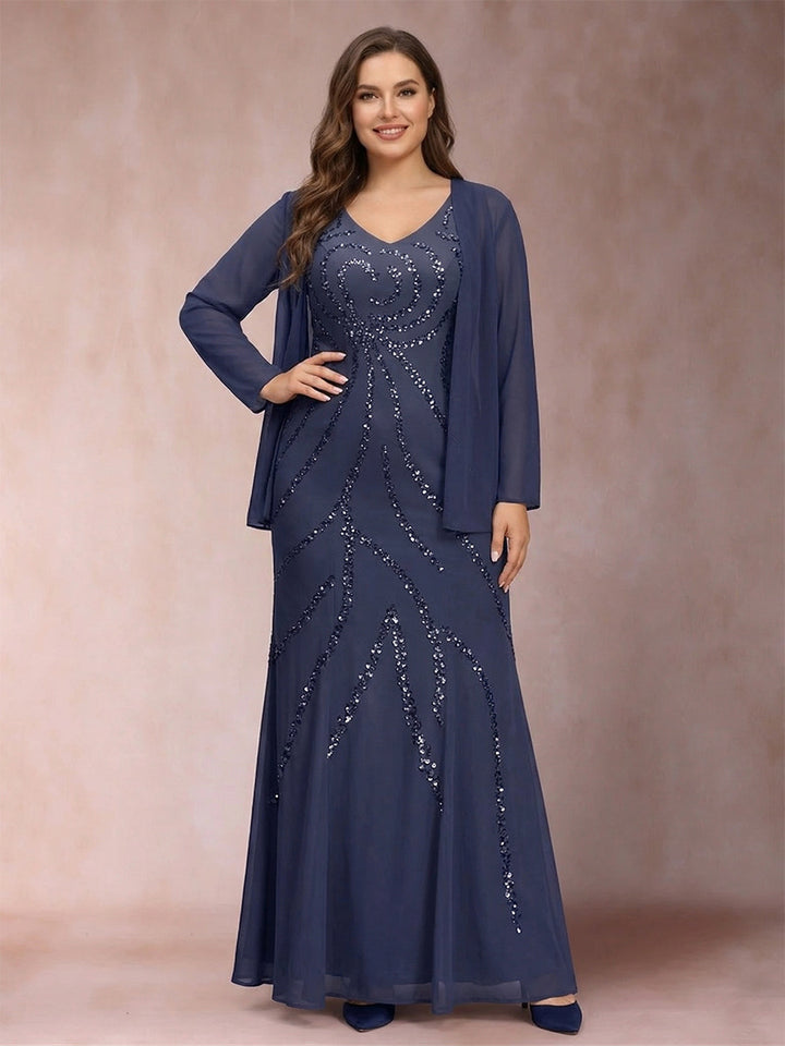 Sheath/Column V-Neck Floor-Length Plus Size Mother of the Bride Dresses With Jacket &amp; Sequins