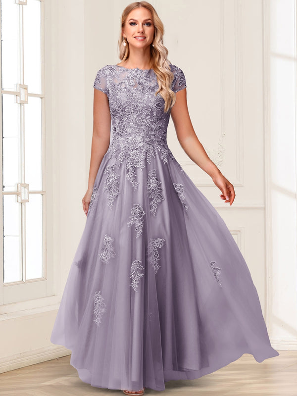 A-Line/Princess Sheer Neck Short Sleeves Long Formal Evening Dresses with Beading & Appliques